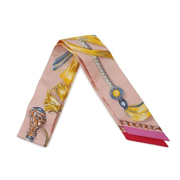 HERMES Twilly CAVALCADES Silk100% Rose Poudre/Jaune d'or 061829S - Picture 1 of 9
